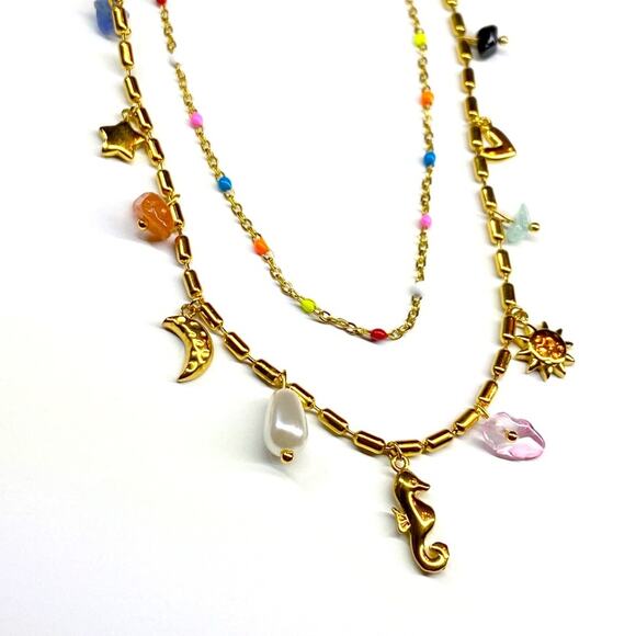 NEW Gold Sea Glass & Enamel Charm Double Strand Necklace - Picture 1 of 10